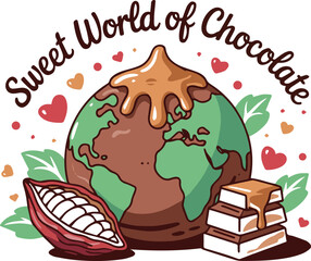 Sweet World of Chocolate Cartoon Illustration with Globe and Cocoa Treats
