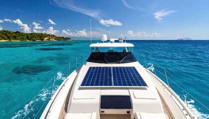 Luxury Yacht Sailing Across Turquoise Waters Under Blue Sky with Green Island in Distance