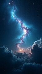 Fototapeta premium Fantasy Lightning Strike in Night Sky with Glowing Clouds and Cosmic Energy.