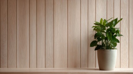 Green Zamioculcas plant in pot against wood panel background