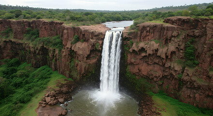 Majestic Waterfall Cascading Down Red Rock Cliffs Stunning Nature Scene Breathtaking View Travel Destination