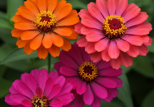 Vibrant Zinnia Flowers in Orange, Pink and Magenta, Close-up with Green Background