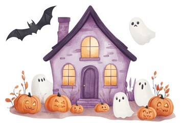 Whimsical halloween scene featuring a purple haunted house surrounded by pumpkins ghosts and a bat isolated on white background