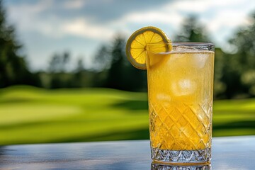 Iced beverage garnished with lemon slice on outdoor wooden table. Use to showcase refreshing drinks, summer, or outdoor leisure.