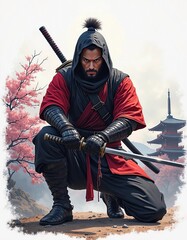 digital painting of a traditional ninja holding a katana with a castle and cherry blossom trees in the background. AI generated