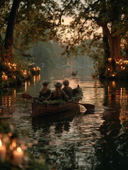 Girls in wreaths float on an evening lake in a boat