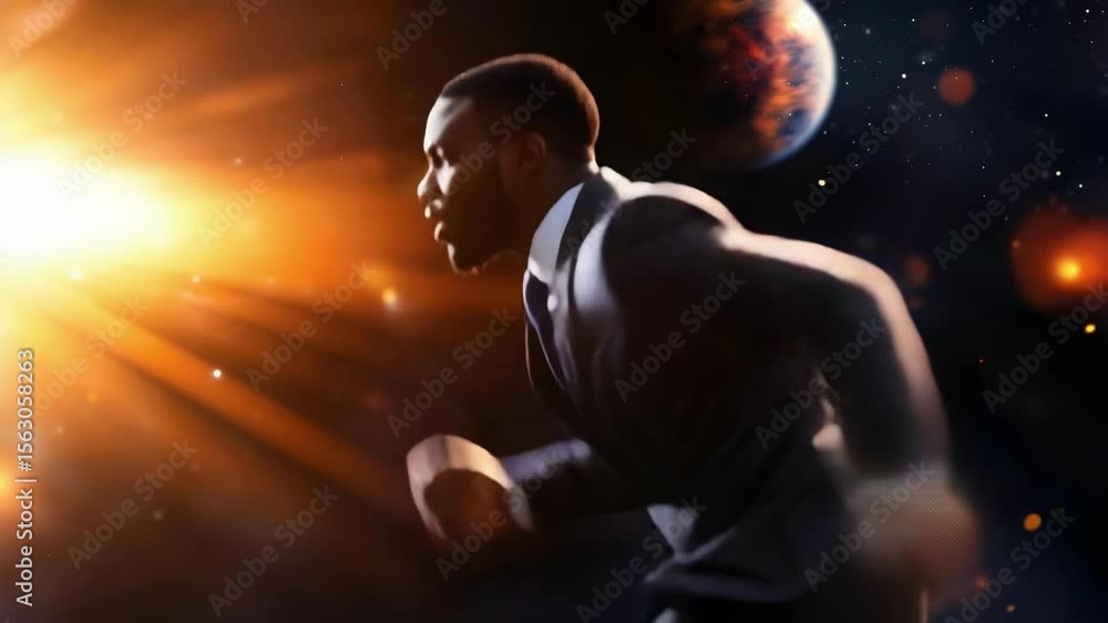 Poster a person in a suit is running through space, with bright light and planets in the background, creati