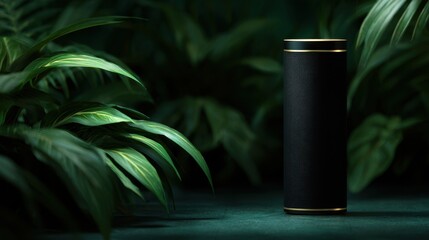 Luxury black product mockup with gold trim on a dark, lush green jungle background