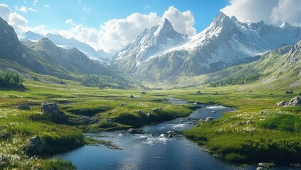A serene mountain valley, lush with green grass, a clear stream meandering through, and snow-capped peaks rising in the background