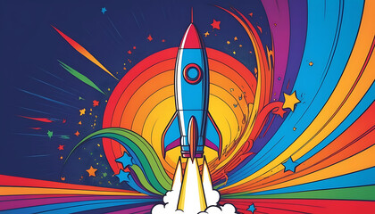 Retro Rocket Launching into a Rainbow Cosmos