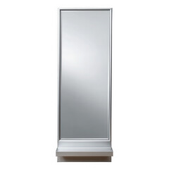 Tall rectangular mirror with silver frame and white base isolated on transparent background