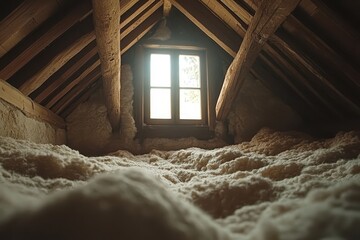Attic insulation, blown in with exposed wooden rafters and a window. Illustrates home improvement, energy efficiency, or renovation projects.
