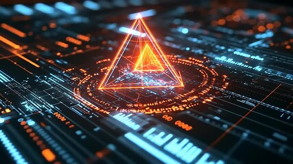 Futuristic digital interface featuring glowing triangular shapes and data patterns in a tech environment - Powered by Adobe