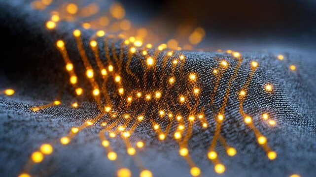 In a captivating display, a dark fabric is transformed as vibrant golden threads shimmer and dance, creating an enchanting visual experience of light and texture.