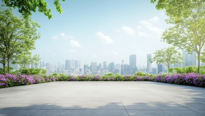 Empty city plaza with trees, flowers, and cityscape