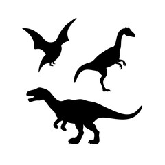 Three prehistoric silhouette dinosaurs and a flying reptile, perfect for educational materials or prehistoric themed design.