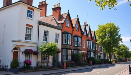 Naklejka premium Row of charming heritage houses, leafy street, suburb, trees