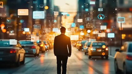 Businessman walking through a busy urban street at sunset with digital data overlays - Powered by Adobe