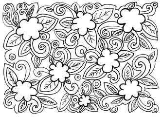 Pattern of flowers, leaves, curls and circles. Line drawing in doodle style. Black on a white background. All elements of different sizes and shapes. Empty spaces in the places of flowers.
