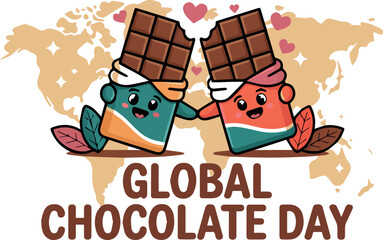 Global Chocolate Day Cute Cartoon Bars with World Map Background Illustration