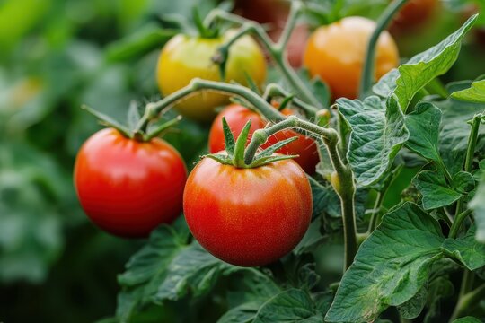 Ripe red and ripening yellow tomatoes grow on a plant with green leaves. Showcase fresh produce, healthy eating, or farm-to-table concepts. - Powered by Adobe