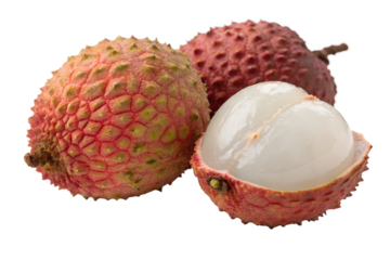Close-up of ripe lychee fruits with textured pink skins and freshly peeled white flesh, Isolated on Transparent Background. A vibrant representation of tropical fruit showcasing their unique texture  