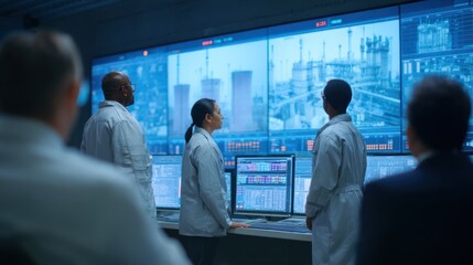 Team of scientists monitoring a plant on a large video wall