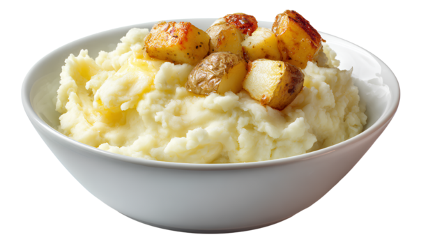  Bowl of mashed potatoes with roasted potatoes white background
