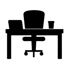 Black Office Desk with Laptop and Coffee Cup Icon, A black silhouette of an office desk with a laptop, chair, and coffee cup, representing work, office environment, and productivity.
