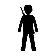 Black Soldier Icon with Helmet and Radio, A black silhouette of a soldier wearing a helmet and carrying a radio, symbolizing military service and defense.
