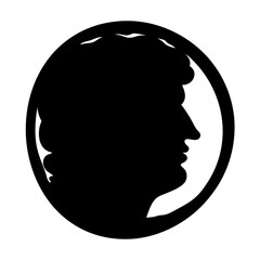 Black Silhouette of Classical Bust Icon, A black silhouette of a classical bust, resembling ancient sculptures or historical figures, within a circular frame.
