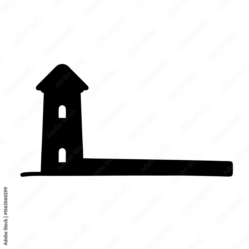 Poster silhouette of a minimalist tower with windows and long horizontal base