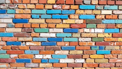 Obraz premium Colorful Brick Wall Texture Background Vibrant Multicolored Brickwork.