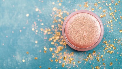 A pale pink, iridescent cosmetic compact atop a teal background speckled with gold and pink glitter