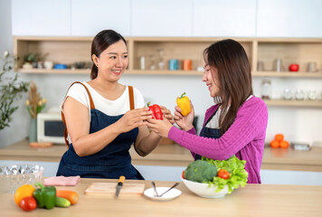 Healthy Cooking and Bonding. Two women enjoying cooking together with fresh vegetables in a modern...