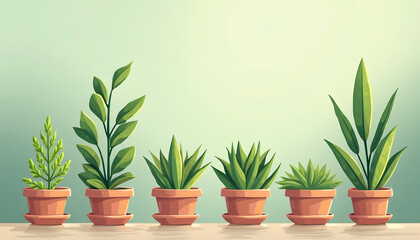 Row of small potted plants with green leaves. Represents gardening, indoor plants, nature, or home decor. Fresh and organized.

