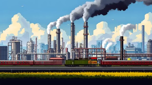 Colorful pixel art depicting a train passing industrial factories with smoke and clouds in the background