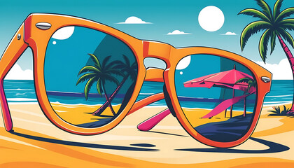 Tropical Beach Reflected in Oversized Orange Sunglasses, Sand and Palm Trees.