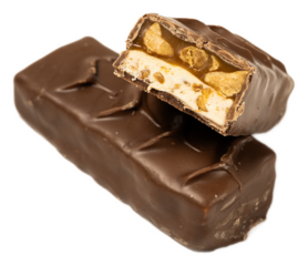 Delicious chocolate caramel nougat peanut candy snack broken on black background
