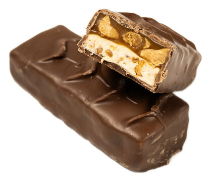 Delicious chocolate caramel nougat peanut candy snack broken on black background