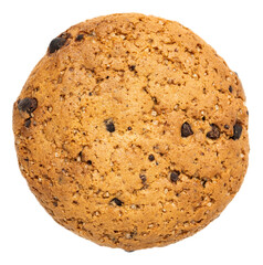 Crispy chocolate chip cookies with golden brown texture and scattered chocolate pieces, closeup shot showing crunchy surface and sweet baked aroma, delicious dessert snack for all ages