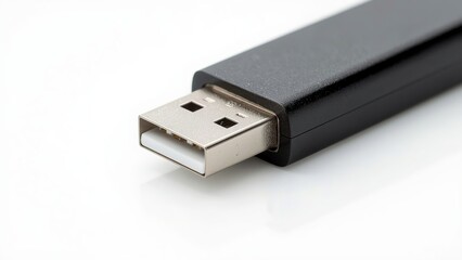 Close-up of a sleek black USB flash drive against a white background, ideal for tech and storage concepts.