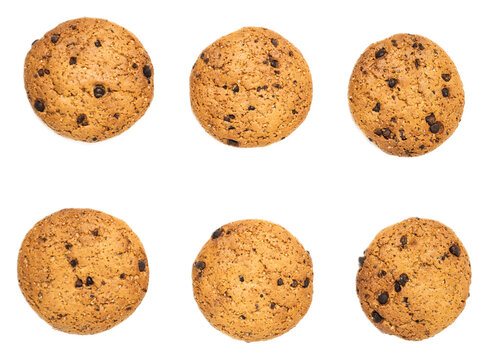 Crispy chocolate chip cookies isolated on transparent background, warm golden brown surface, textured crunchy exterior, sweet baked snack, appetizing casual dessert