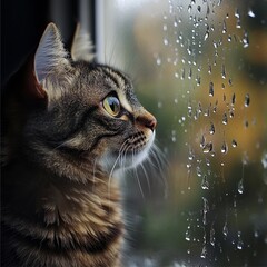 Cat gazes out the window while rain gently falls during a cozy afternoon at home