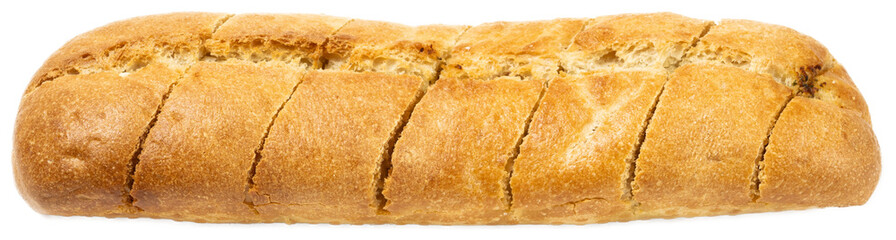 Crispy baked garlic baguette with sliced herb breadstick and crunchy texture, isolated on transparent background