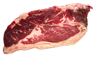 Fresh marbled boneless ribeye steak slice with rich red hue and tender textured fat isolated on transparent background