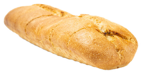Crispy baked garlic breadstick with herb crust, fresh loaf sliced for sharing, golden crust with...