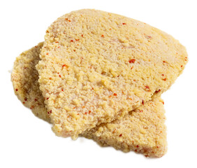 Crispy breaded meat schnitzel cutlet with spiced fillet, isolated on transparent background, raw frozen food, textured breading, appetizing popular dish, sliced presentation, golden crust, culinary i