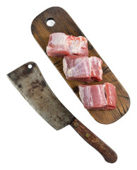 Fresh raw pork tenderloin medallions on wooden cutting board with butcher knife isolated on...