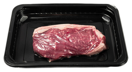 Juicy marbled raw striploin steak in vacuumsealed plastic tray, fresh beef cut with rich texture...